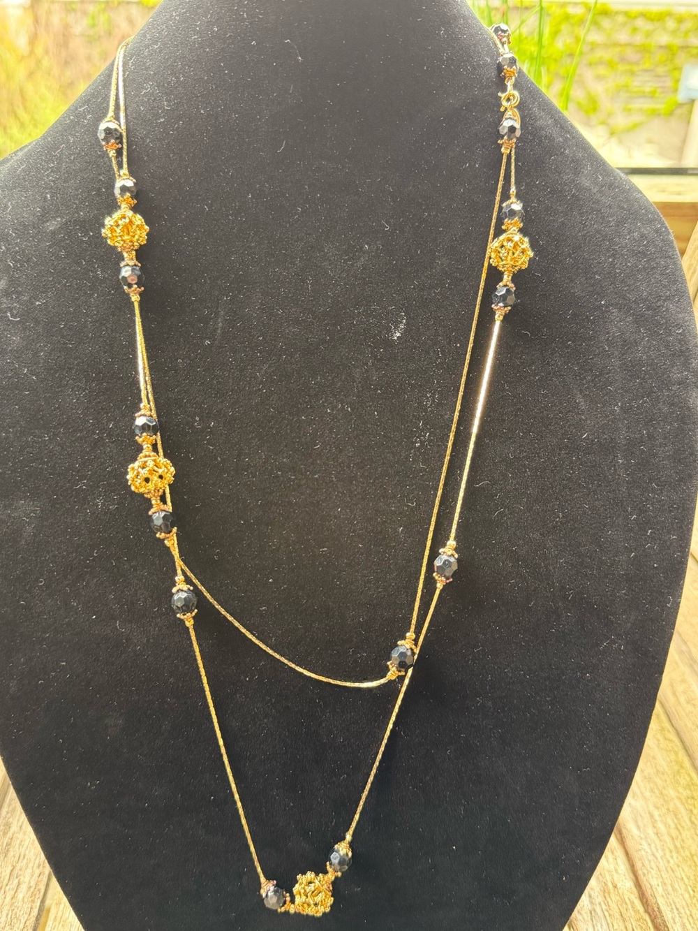 Gold Tone Black Long Vintage Necklace